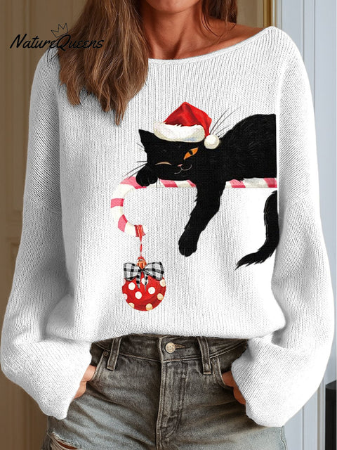 Women's Christmas Cat Print Knit Top