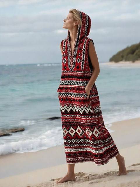 Ethnic Printed Cotton Hooded Women's Dress
