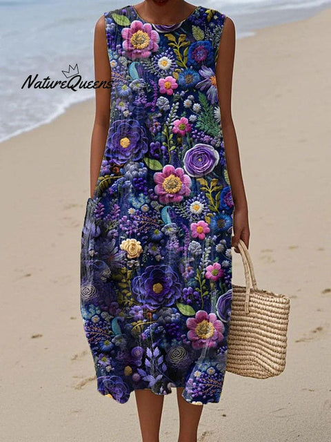 Women's Retro Purple Flowers Art Linen Tank Dress
