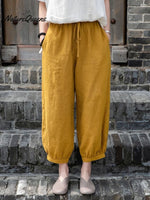 Women's Solid Color Loose Elastic Waist Casual Cotton And Linen Pants