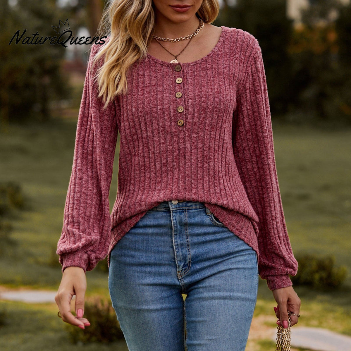 Women's Fall Button Scoop Neck Puff Long Sleeve Henley Shirts