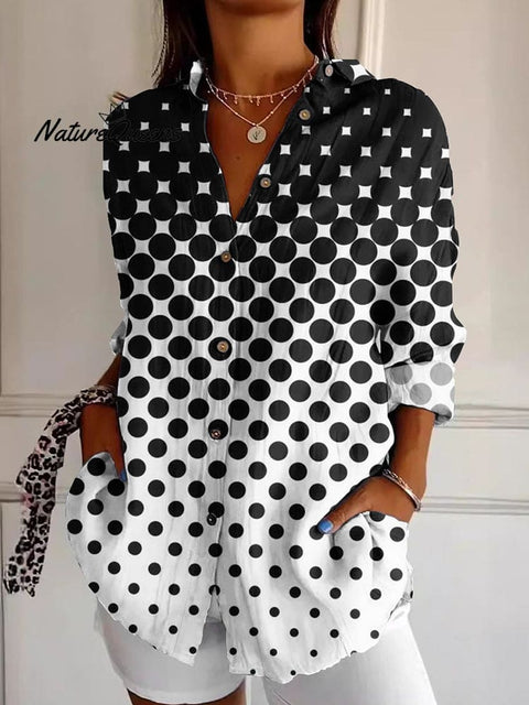 Women's Black And White Polka Dot Art Button Shirt