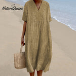 Women Vintage Stripes Casual V Neck Midi Dress