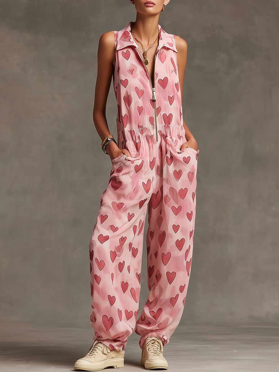 Retro Pink Heart Chiffon Sleeveless Wide-Leg Jumpsuit