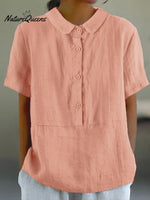 Women’s Solid Color Cotton And Linen Lapel Short Sleeved Casual Blouse Pink / M