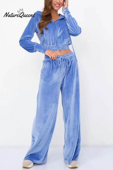 Solid Color Velvet Hooded Zip-up Sweatshirt and Elastic Waist Casual Pocket Straight-leg Pants Set