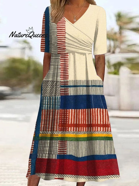 Women's Holiday Casual V-Neck Short Sleeve Contrast Striped Print Dress