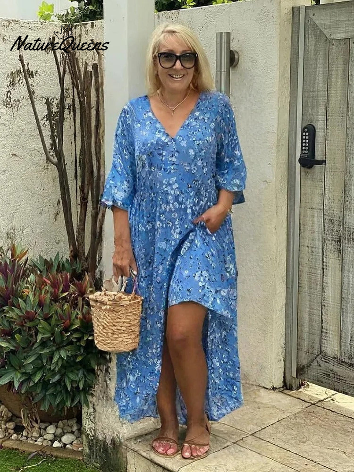 Women's Crushed Flower Printing V-Neck Medium and Long Dress Short Sleeve Dress