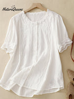Solid Color Hollow Embroidery Lace Stitching Short - Sleeved Shirt White / M