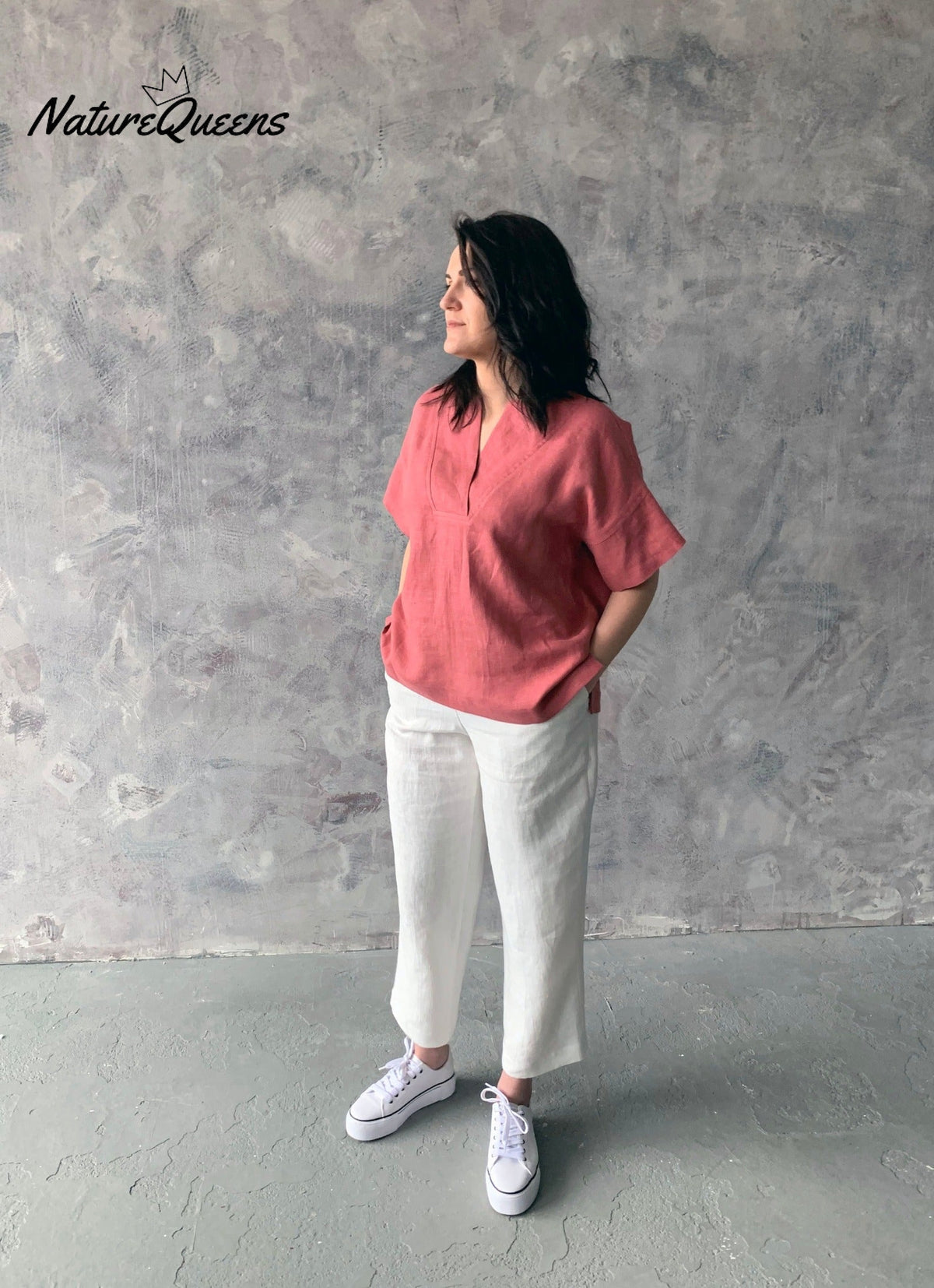 Women's Salmon color pink linen top MaTuTu Linen Style blouse