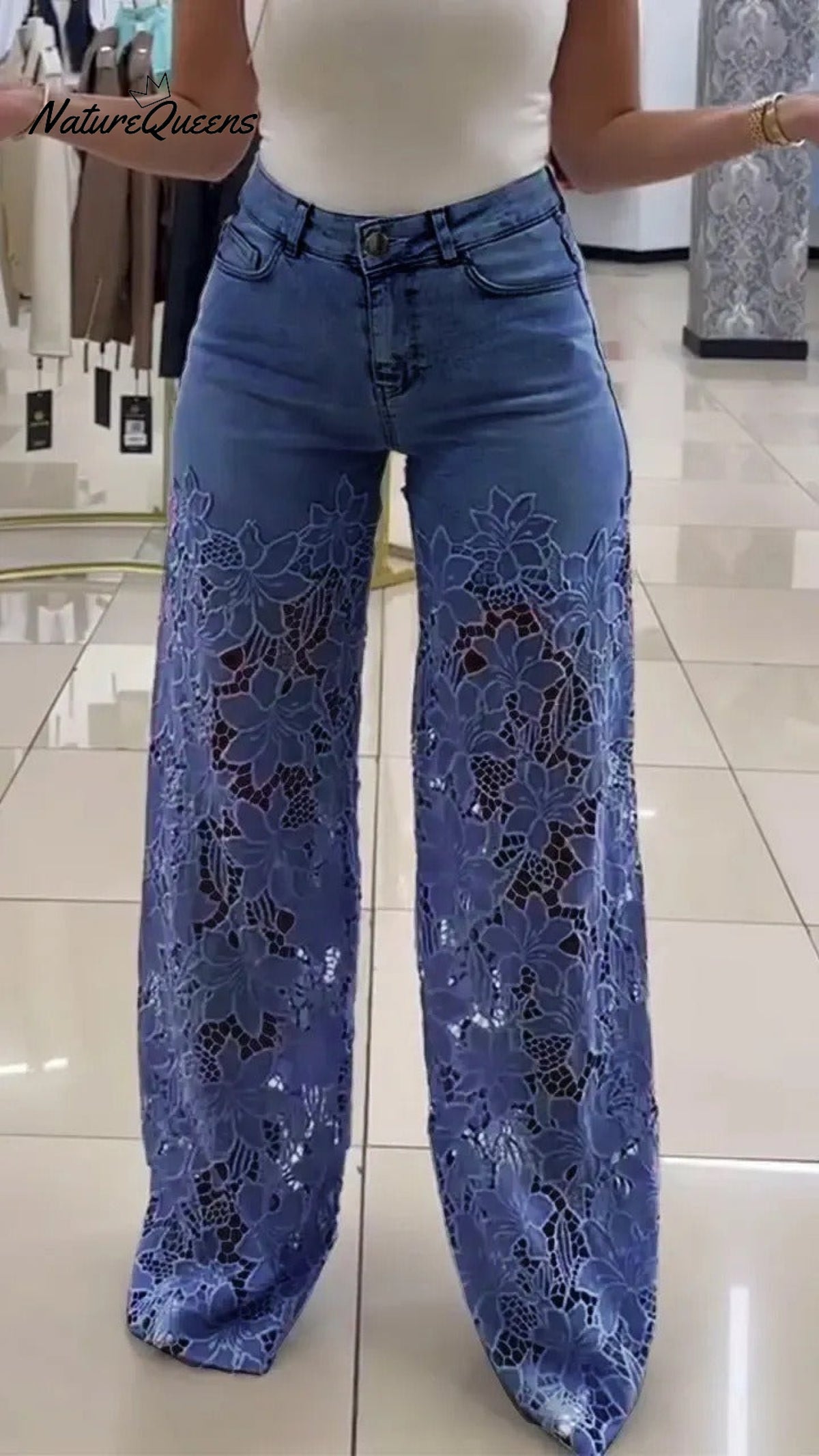 Women's Mid Waist Buttoned Lace Patchwork Jeans