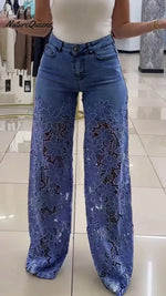 Women's Mid Waist Buttoned Lace Patchwork Jeans