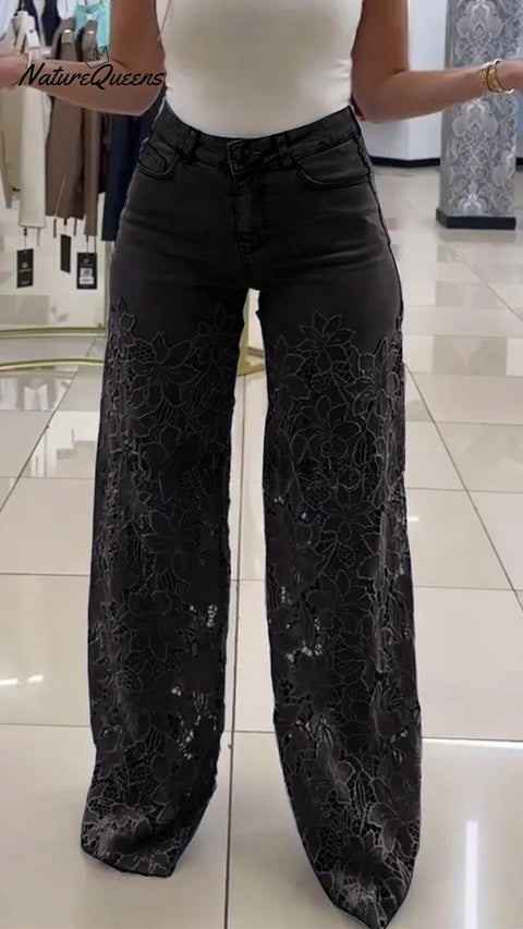 Women's Mid Waist Buttoned Lace Patchwork Jeans