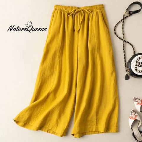 Dropping Cotton And Linen Cropped Wide - Leg Pants Yellow / S