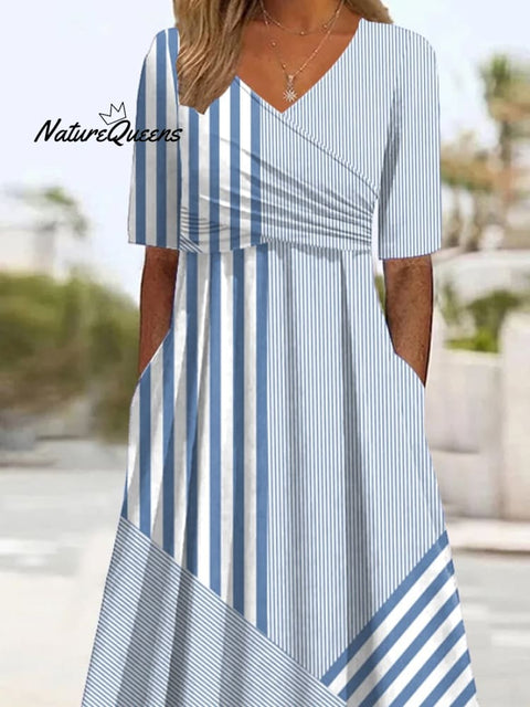 Women's Holiday Casual V-Neck Short Sleeve Contrast Striped Print Dress