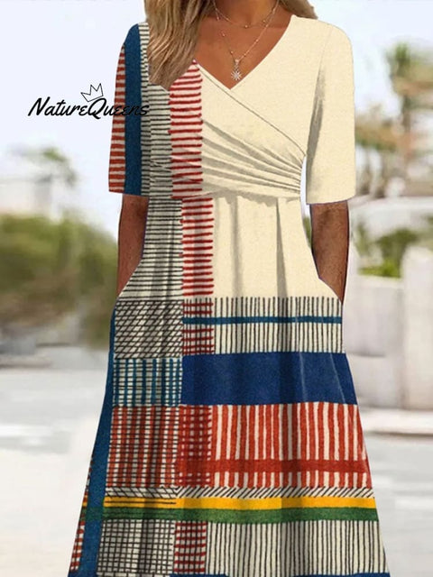 Women's Holiday Casual V-Neck Short Sleeve Contrast Striped Print Dress