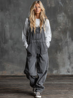 Casual Western Grey Denim Loose Multi-Pocket Jumpsuit Overalls
