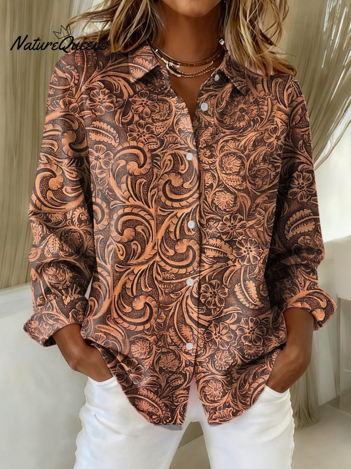 Women'sVintageFlower Art Print Casual Cotton Shirt