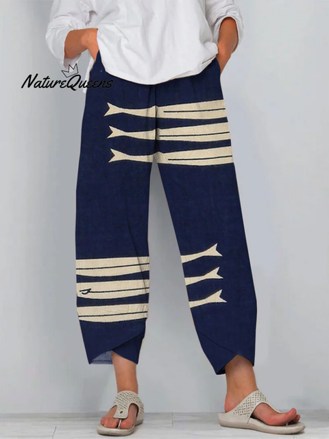 Retro Art Fish Cropped Casual Pants