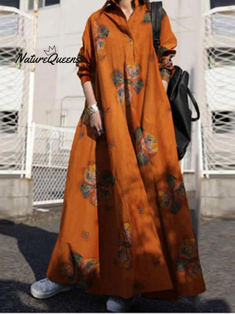 Printed cotton linen retro national style loose long-sleeved big swing dress