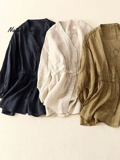 Cotton And Linen V-neck Waistband Lantern Sleeve Pullover Shirt