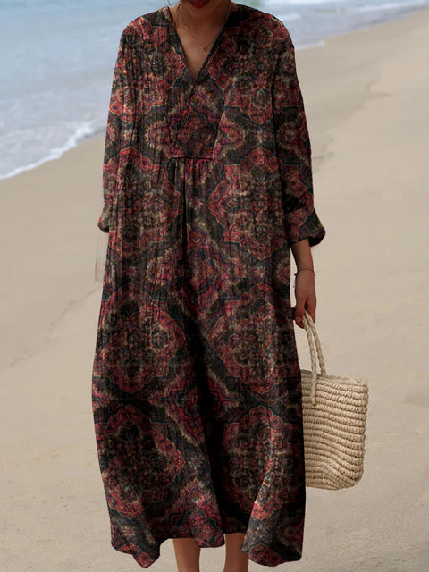 Women's Retro Geometric Floral Pattern Print Casual Cotton And Linen Dress