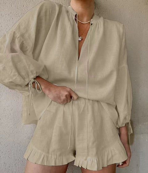 Women's Lantern Sleeve Drawstring Shirt and Shorts Set