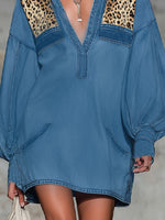 Lapel Collardenim And Leopard Print Patchwork Long-sleeved Mini Dress