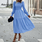New Women's Elegant High Waist Long Sleeve Midi Dress