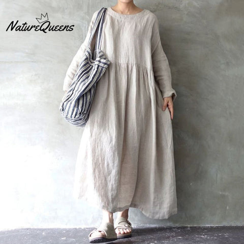 Women's Solid Color Cotton Linen Midi Dress