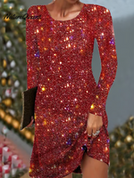Women's Christmas Glitter Shiny Print Elegant Long Sleeve Dress