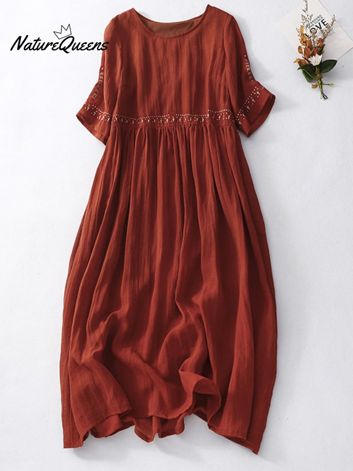 Cotton And Linen Embroidered Loose Dress