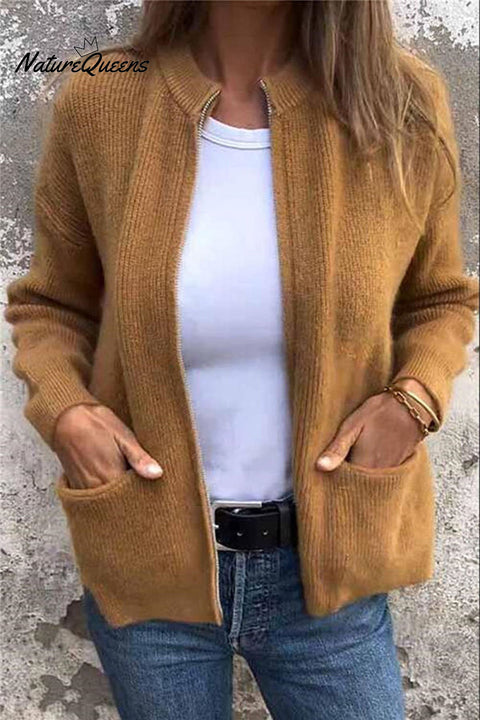 Solid Color Long Sleeve Zipper Pocket Casual Knitted Cardigan