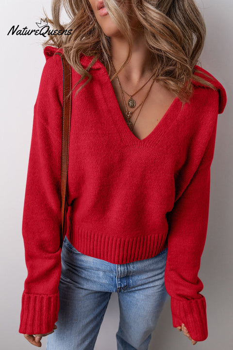 Red V-Neck Hooded Sweater