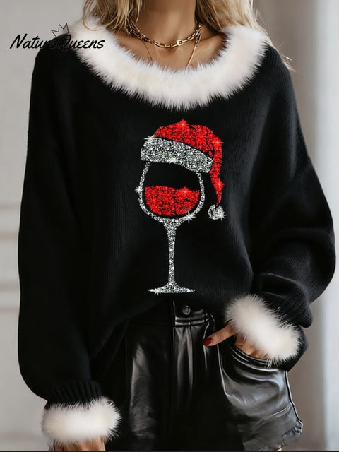 Women's Christmas Goblets Print Fur Collar Knit Top