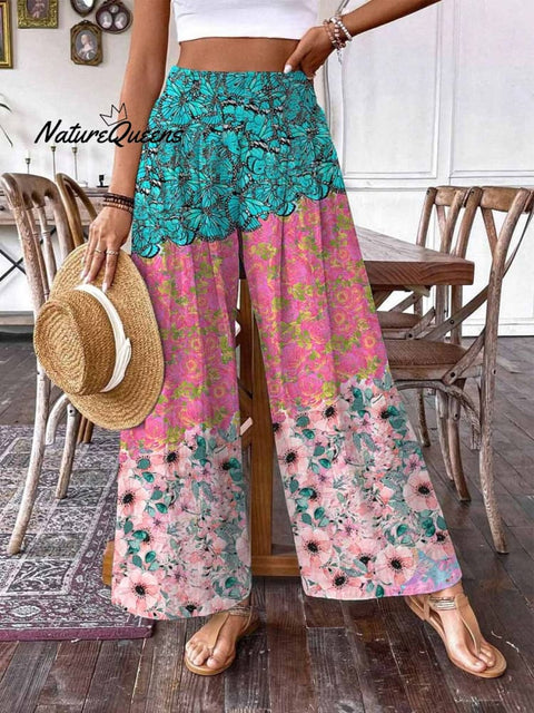 WWomen's Summer Floral Print Pattern Cotton Wide Leg Pants