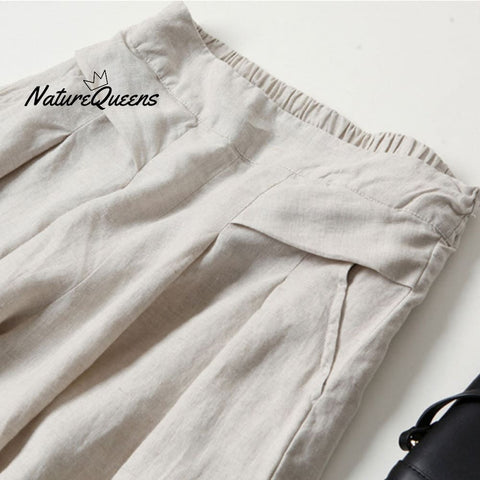Cotton Linen Loose Semi - Elastic Cropped Pants