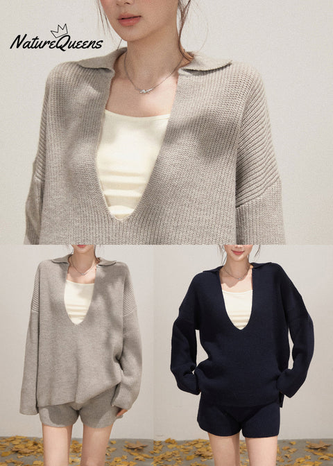 Light Grey Knit Cozy Two Pieces Set Deep-V Neck Fall