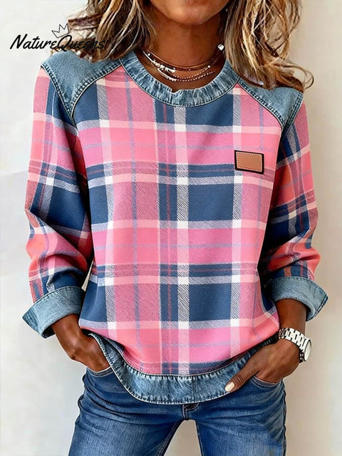 Women'S Casual Round Neck Denim Patchwork Plaid Print Pullover Sweatshirt