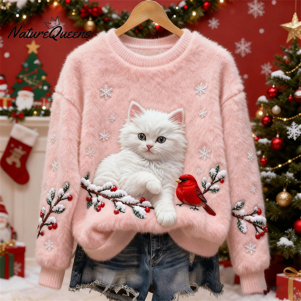 Christmas Cat & Bird Art Women's Flannel Sweater