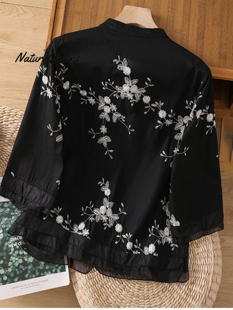 Art Retro Embroidery 3/4 Sleeve Patchwork Shirt