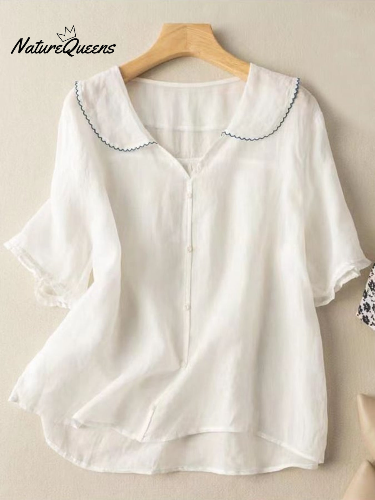 Cotton And Linen Retro Short Sleeved Navy Doll Collar Thin Shirt White / M