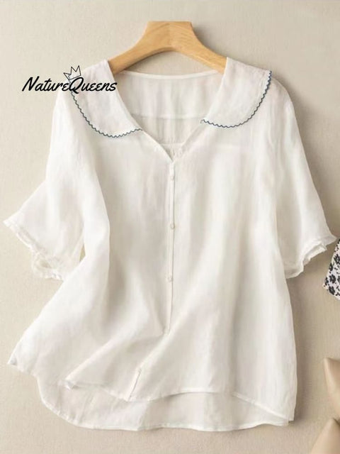 Cotton And Linen Retro Short Sleeved Navy Doll Collar Thin Shirt White / M