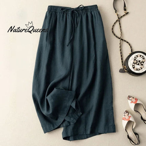 Dropping Cotton And Linen Cropped Wide - Leg Pants Dark Green / S