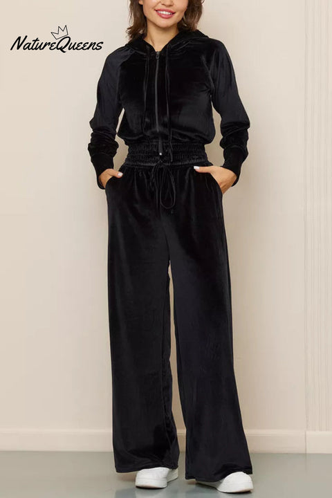 Solid Color Velvet Hooded Zip-up Sweatshirt and Elastic Waist Casual Pocket Straight-leg Pants Set