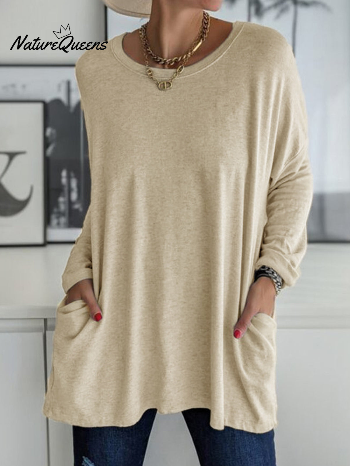 Casual Crew Neck With Pockets Loose Long Sleeve Blouse Khaki / S