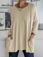Casual Crew Neck With Pockets Loose Long Sleeve Blouse Khaki / S