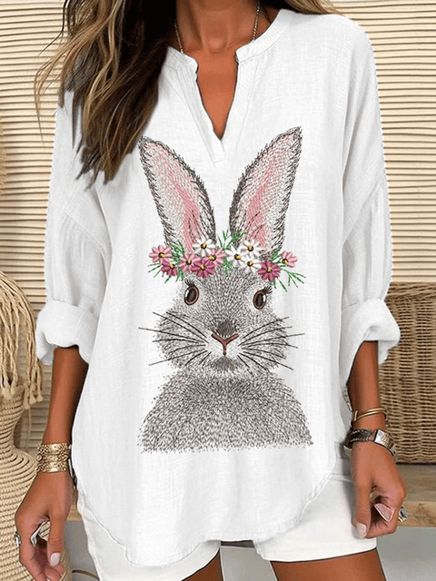 Women's Easter Cute Bunny Print Casual Long Sleeve V-Neck Shirt