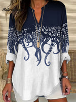 Women's Casual Japanese Art Ocean Octopus Print T-shirt