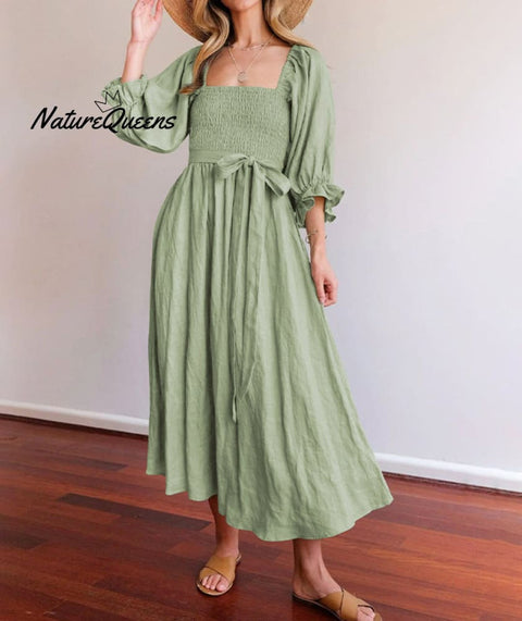 French Ruffled Lantern Sleeves Multi-wear Dress Green